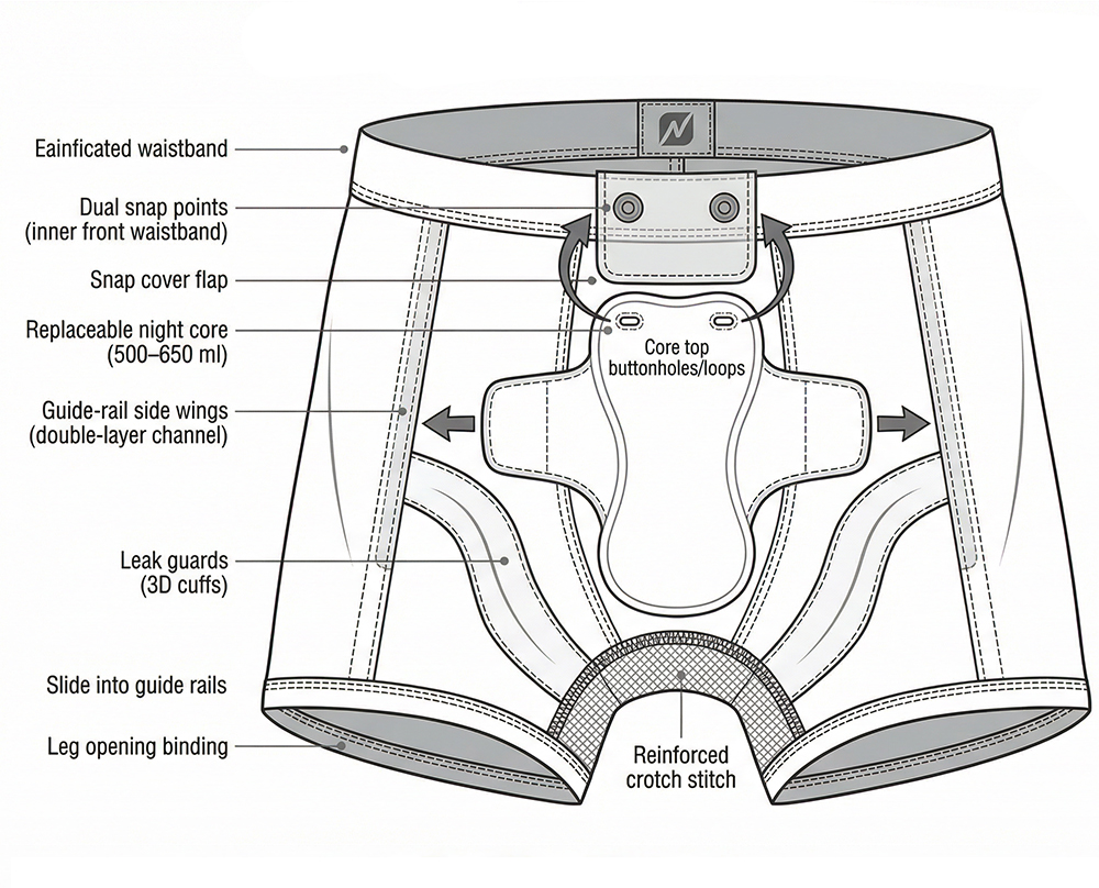 Professional male leak-proof underwear with dual snap and guide-rail technology