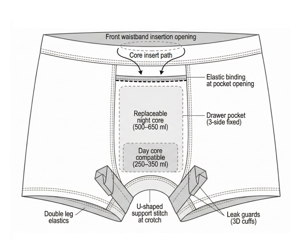 Men\'s incontinence underwear architecture with drawer pocket system for DTC brands