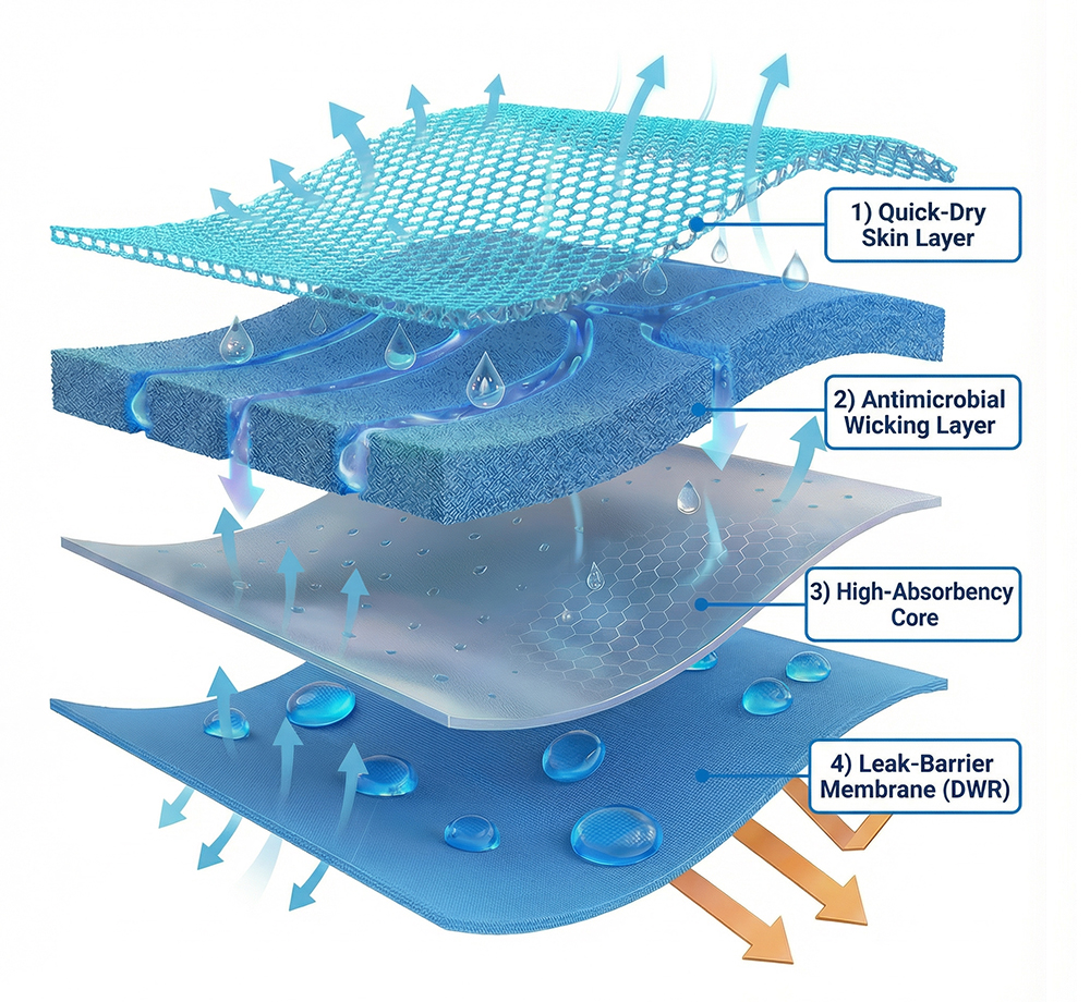 Technical 4-layer construction of waterproof period swimwear