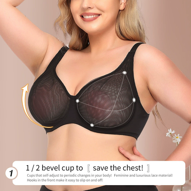 B-E Cup Black Ultra-thin See-through Bra Sexy Support U-shaped Back Design Plus Size Underwear Bra 3/2 Cup Type Breathable
