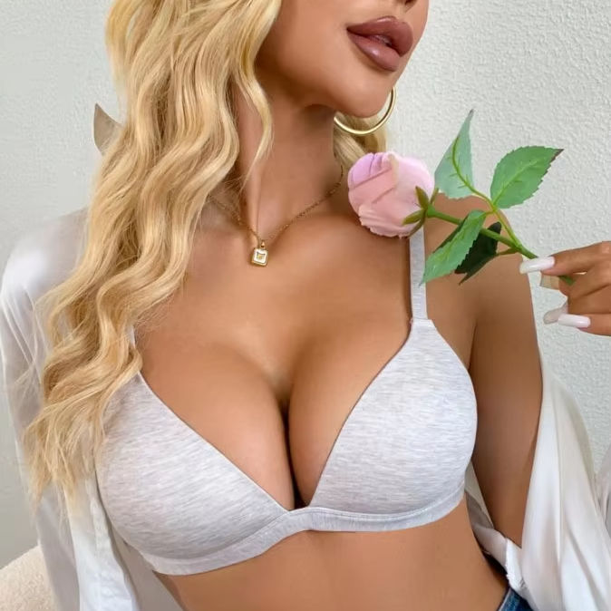 Gray Series Four Colors B-D Cup Sports Gathered Women's Bra 3/4 Cup Thin Shoulder Straps Beautiful Back Two Rows of Buttons