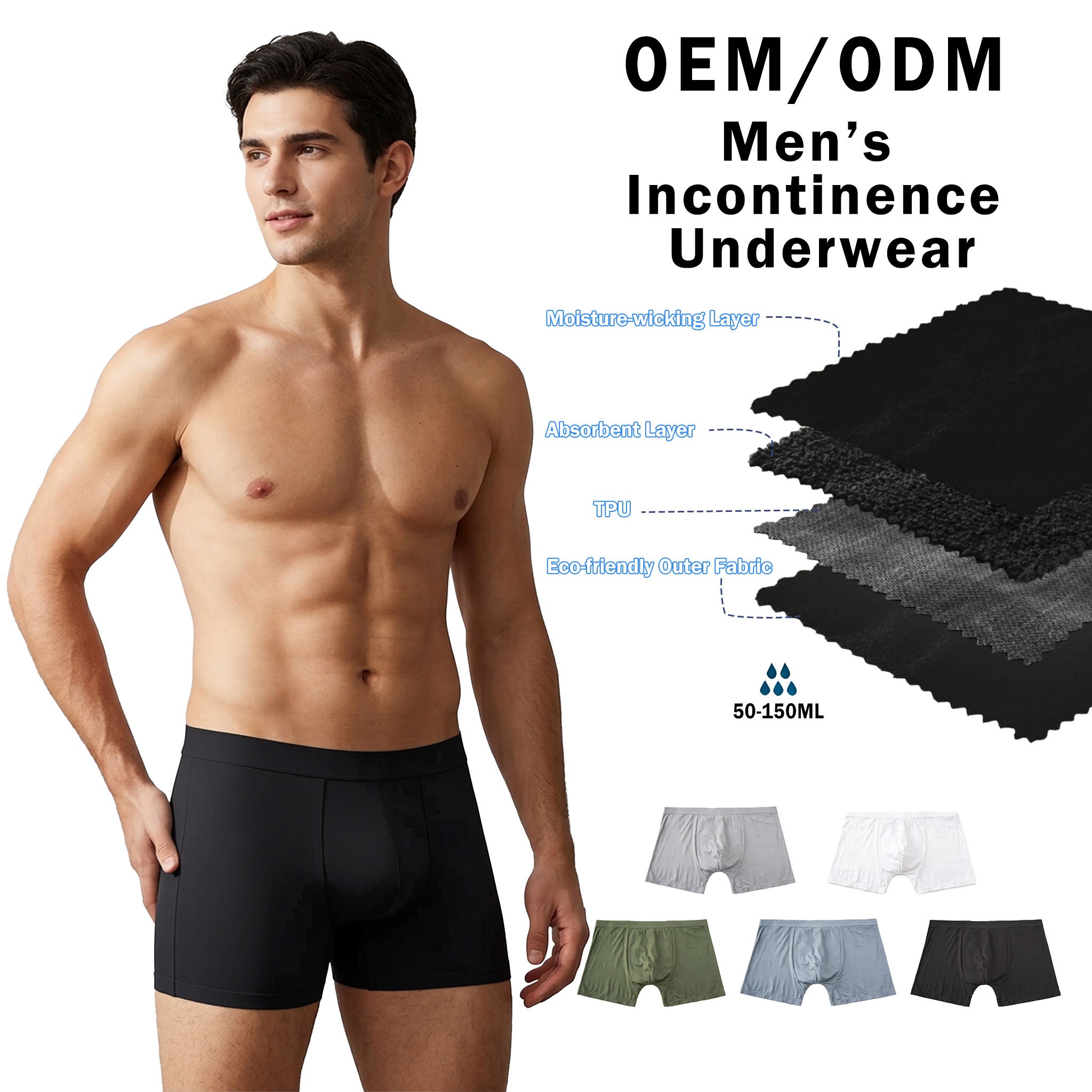 Model SH-G38 Men's Cotton Leak-Proof Boxer Briefs (50-150ml, OEKO-TEX)