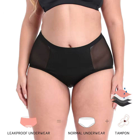Đồ l&oacute;t thời kỳ eo cao cỡ lớn | Quần l&oacute;t lưới chống r&ograve; rỉ OEM - 82% nylon, miếng l&oacute;t 4 lớp, hở ch&acirc;n chống nước, XS–3XL, B&aacute;n bu&ocirc;n & T&ugrave;y chỉnh OEM đầy đủ