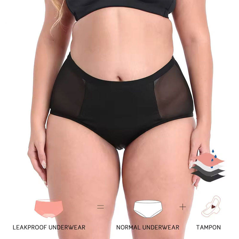Plus Size High-Waist Period Underwear | OEM Leakproof Mesh Briefs — 82% Nylon, 4-Layer Gusset, Waterproof Leg Opening, XS–3XL, Wholesale & Full OEM Customization