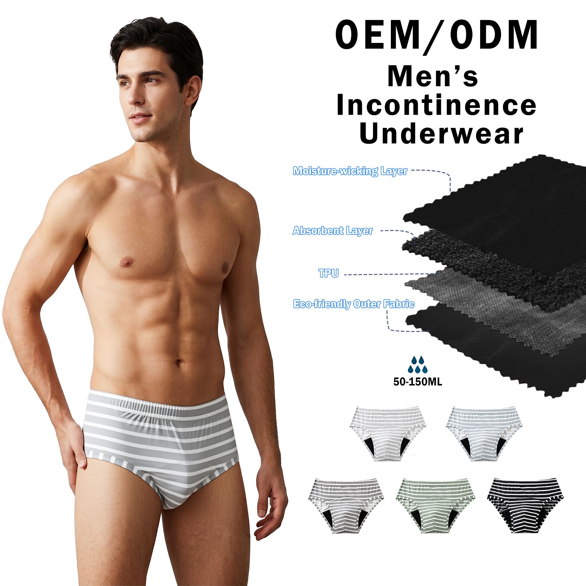 Model SH-MDP2 Men's Bamboo Leak-Proof Boxer Briefs (50-150ml, Striped)