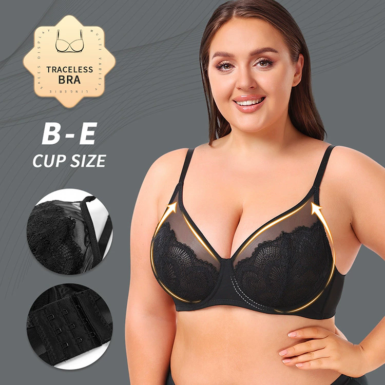 B-E Cup 2 Colors Ultra-thin Lace Mesh See-through Large Size Bra Push-up Sexy Support Underwear Bra 3/2 Cup Type Comfortable