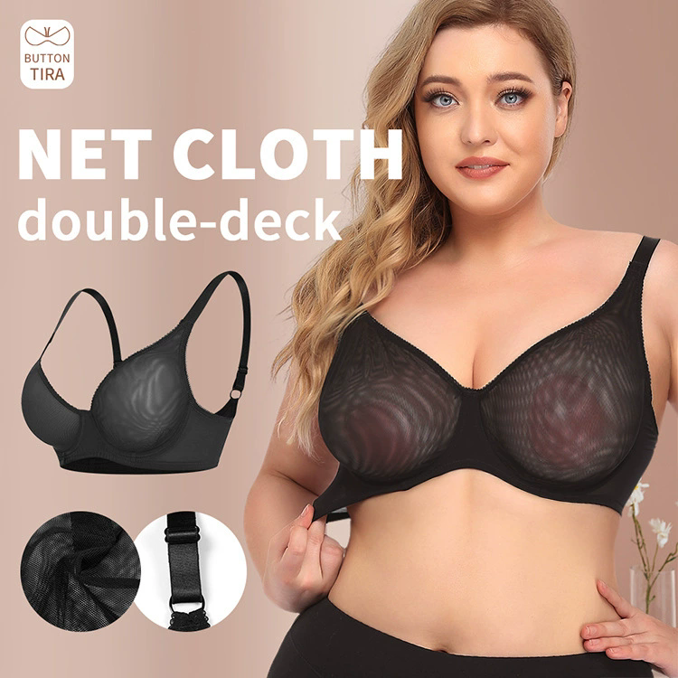 B-E Cup Black Ultra-thin See-through Bra Sexy Support U-shaped Back Design Plus Size Underwear Bra 3/2 Cup Type Breathable